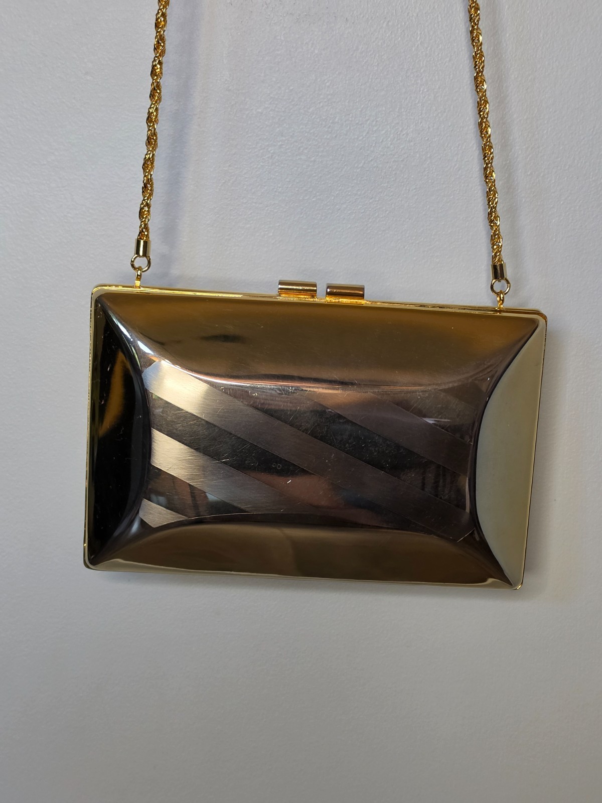 Vintage Gold Metal Minaudiere Box Clutch Evening Bag Chain Strap Made in Italy