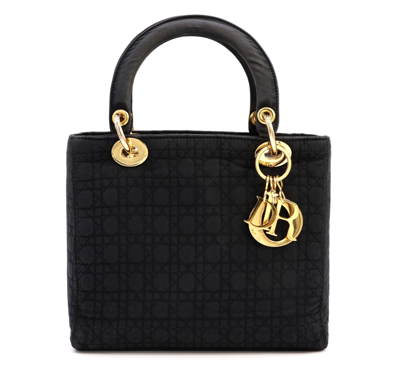 DIOR VINTAGE Lady Dior Handbag Purse CD Canage Nylon Black Small Authentic
