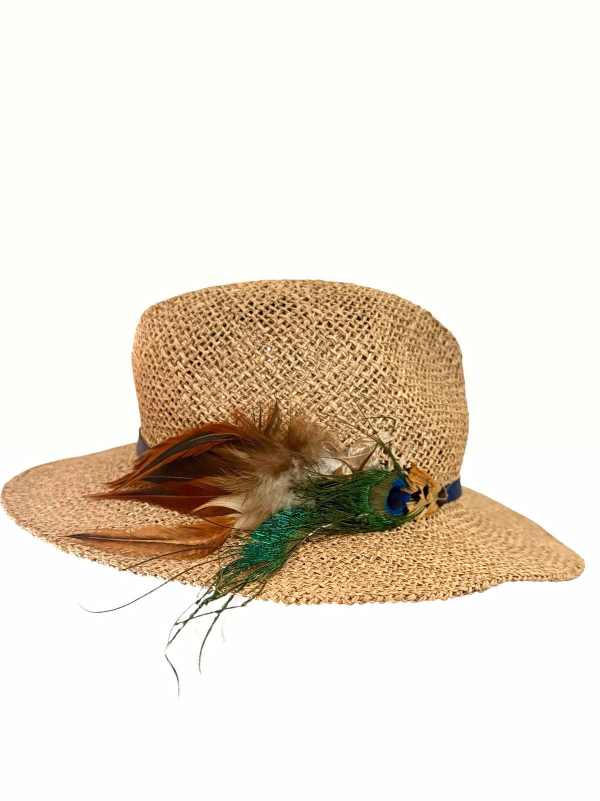 Women's Vintage Beige Straw Fedora Wide Brim Hat Blue Band Feather, One Size