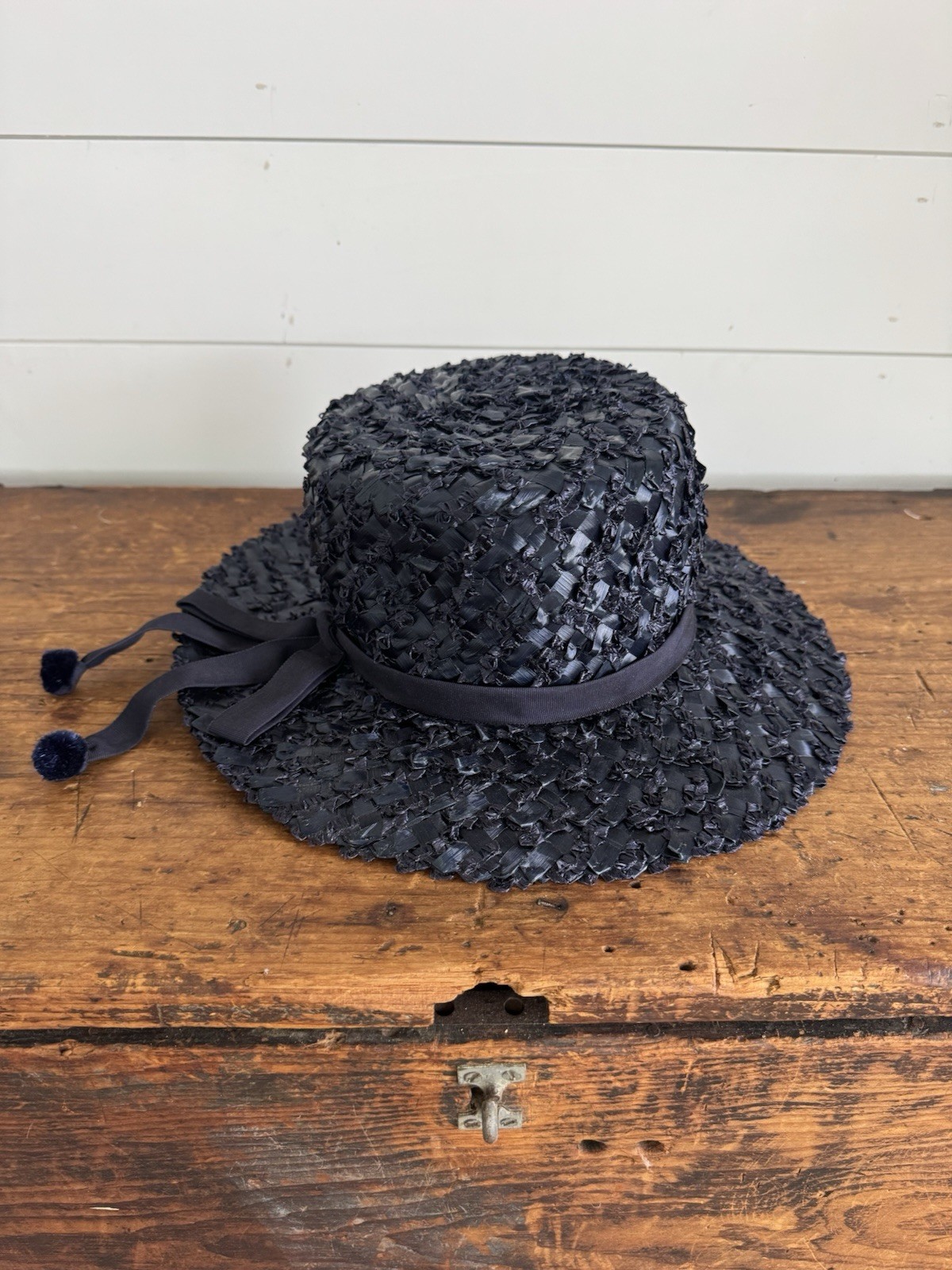 Vintage Navy Blue Woven Straw Raffia Hat 1960s Beresford Women’s Wide Brim S 21”