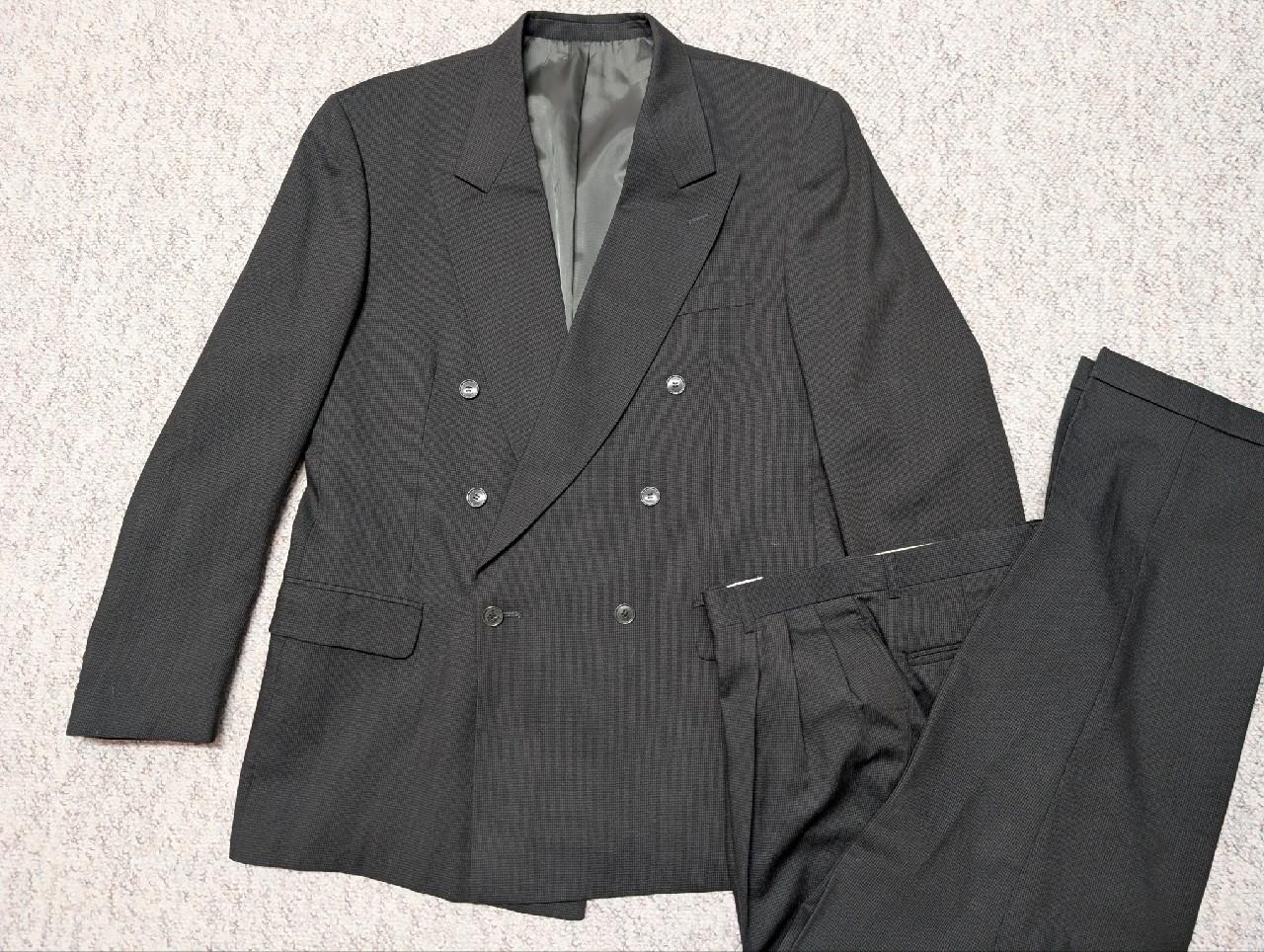 vintage 2PC SUIT double breasted 44L 34x32 dark green WOOL houndstooth 1990s