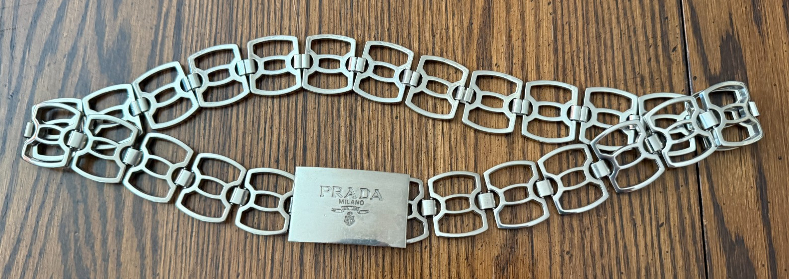 Vintage PRADA Silver Tone Chain Link Belt with Metal Logo Buckle