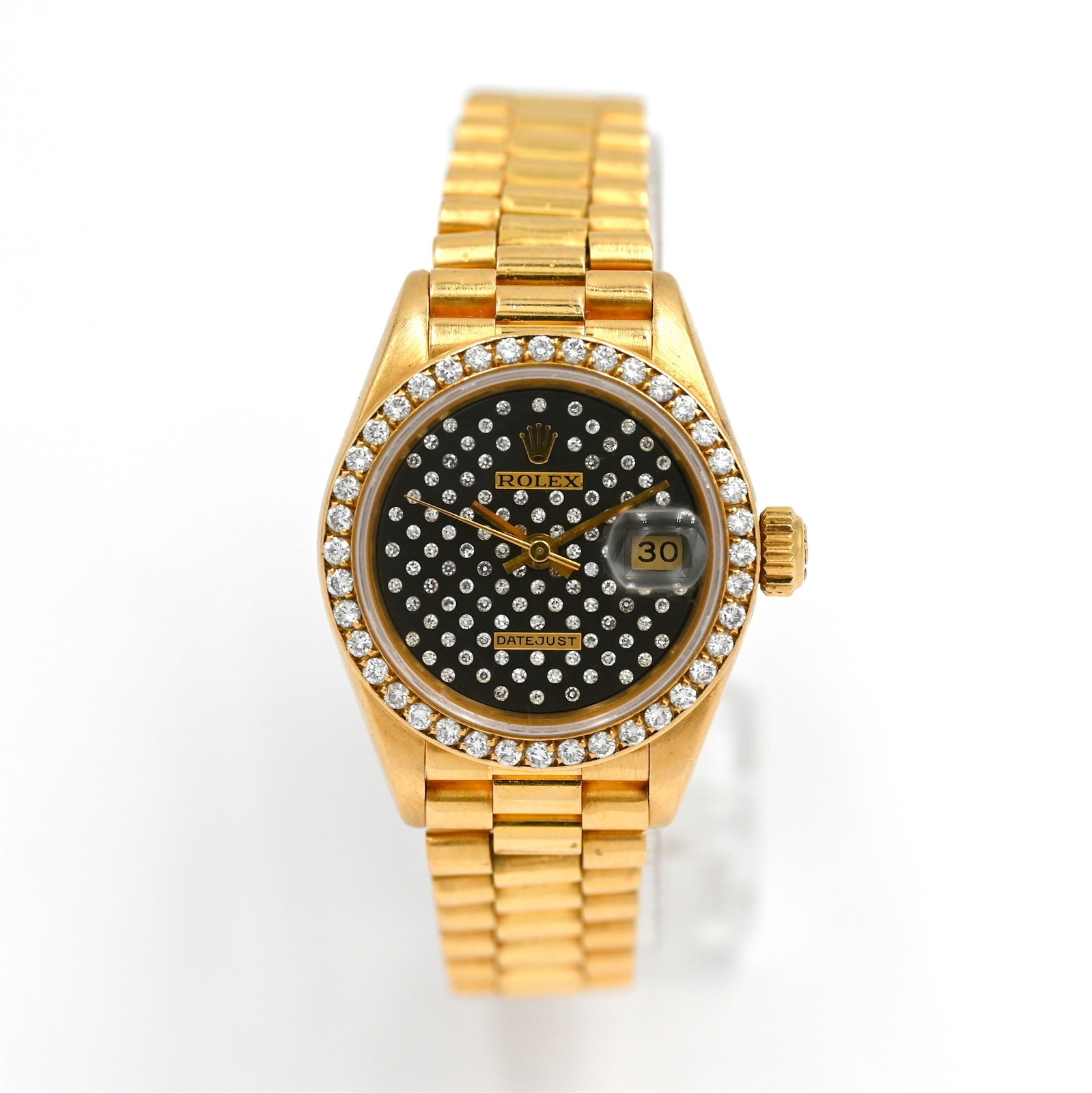 VINTAGE LADIES ROLEX PRESIDENT 69138 BLACK PLEAIDE DIAMOND DIAL 18K YELLOW GOLD