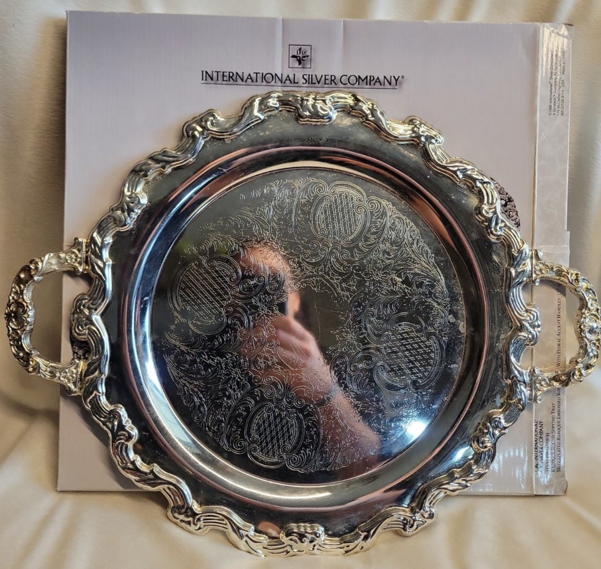Vintage International Silver Co Handled Round Serving Tray Baroque Ornate 13"