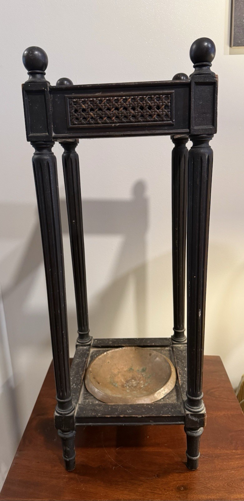 Vintage Wood Umbrella Cane Stand Brass Drip Tray Woven Panels Ball Finials