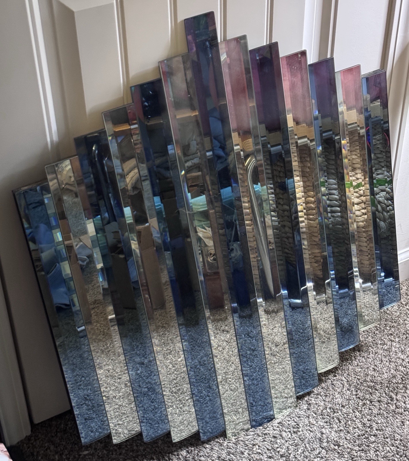 Vintage Art Deco Beveled Glass Mirror Set Blue / Clear (Slight Damage) Rare!