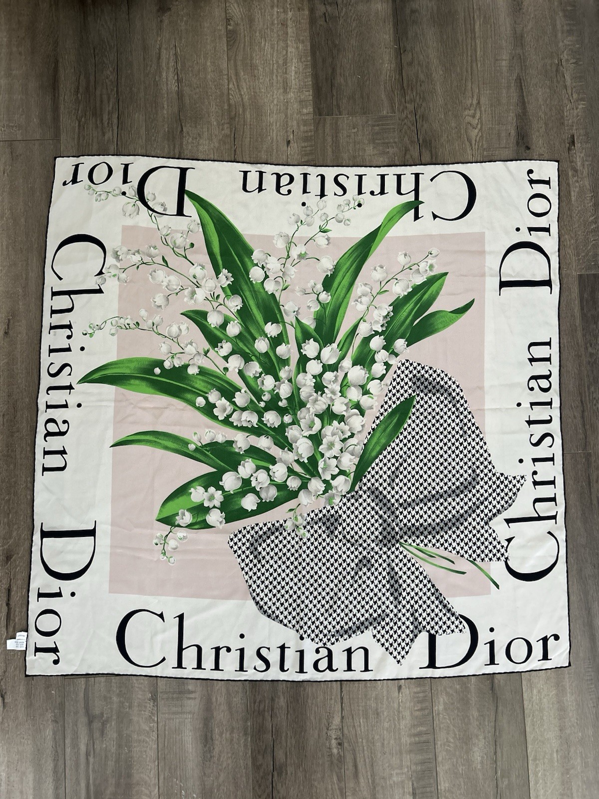 Vintage Christian Dior Silk Scarf Lily of the Valley Houndstooth Bow Italy 33”