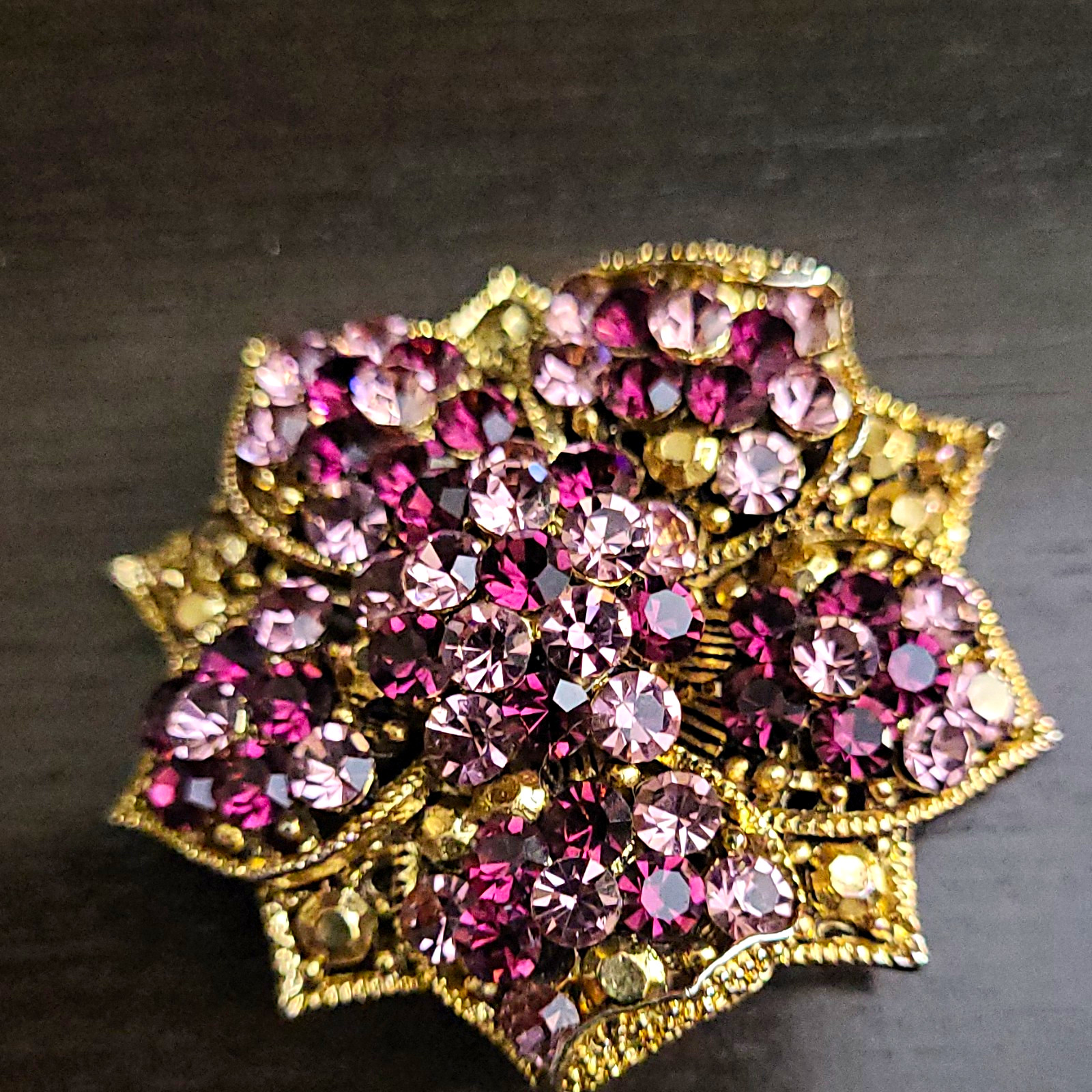Vintage Gold Tone Metal Purple Round Rhinestone Flower Brooch Pin, Prong Set