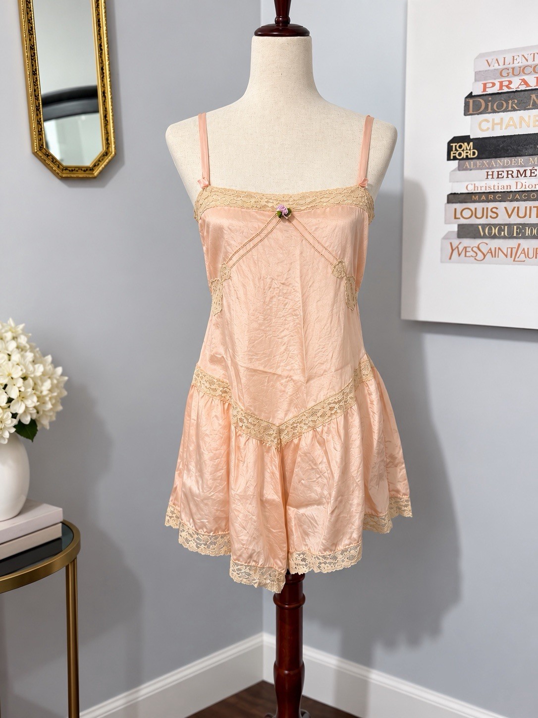 Antique 1920s Silk Step-In Chemise Peach Lace Ribbonwork Flapper Lingerie