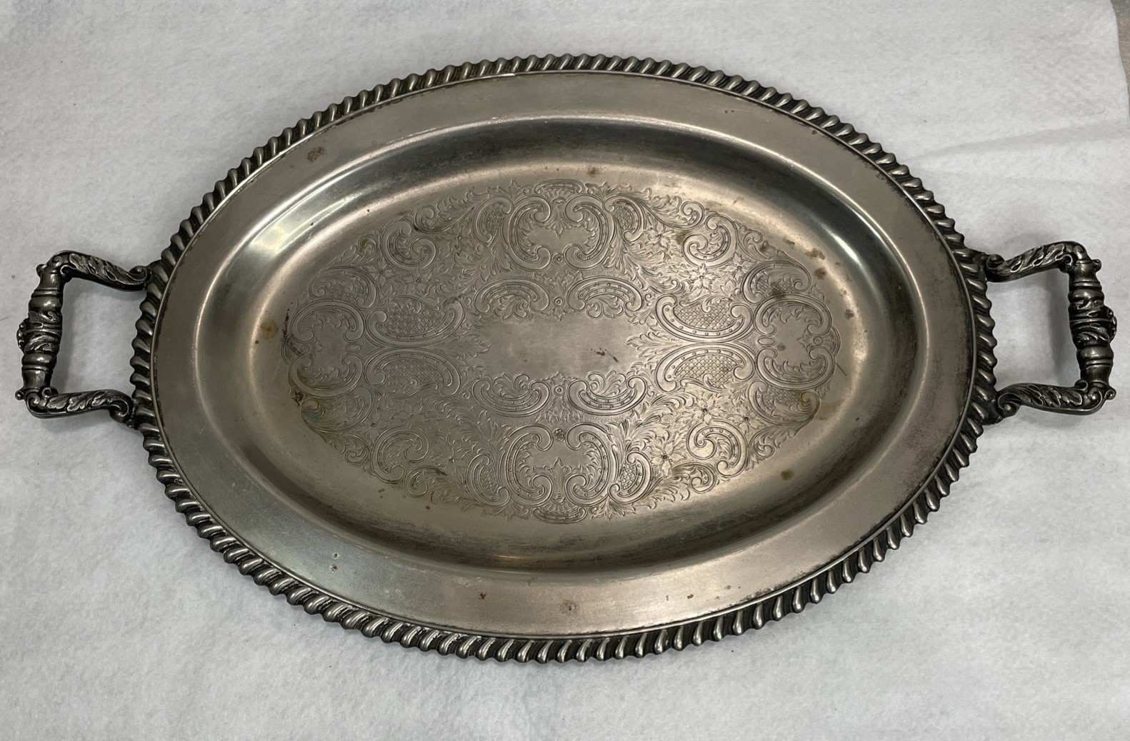 Vintage Silver Plated Serving Tray w/ Handles Floral Design Large Platter