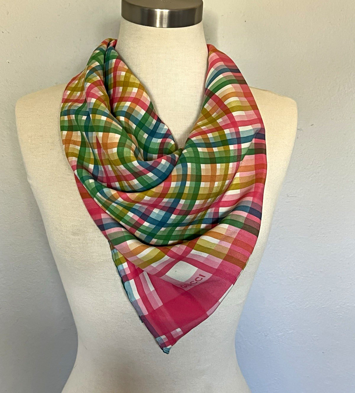 Vintage Gucci Women’s Multicolor Plaid 100% Silk Satin Square Scarf  32”x32”