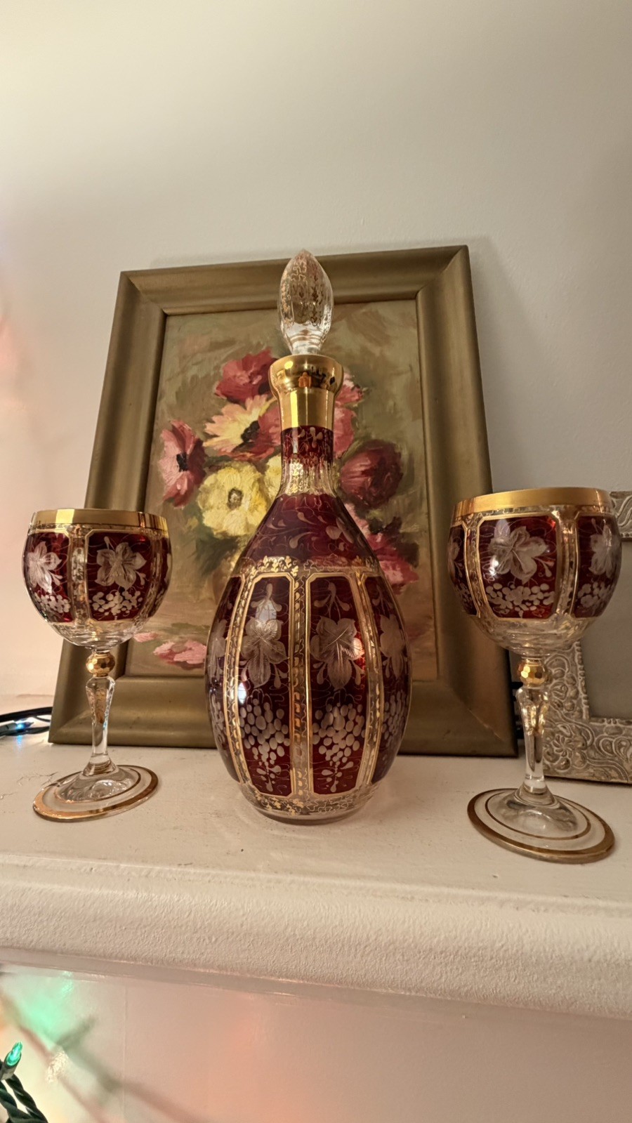 Vintage Czech Bohemian Ruby Crystal Decanter Set, 24K Gold, Hand Engraved