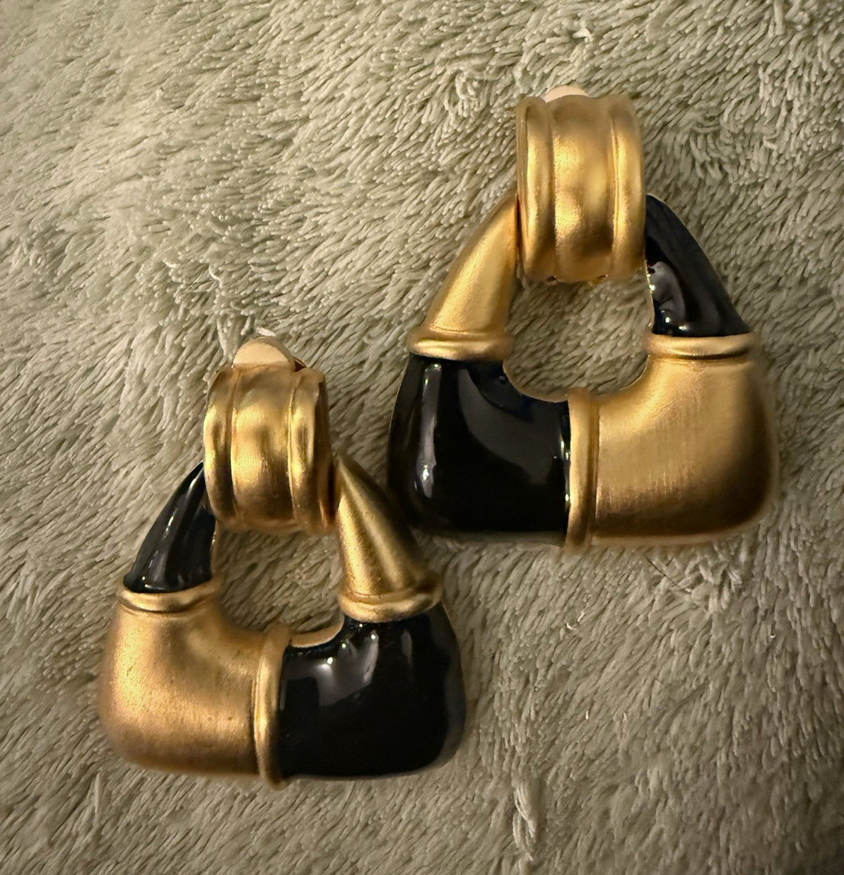 Vintage Stamped GIVENCHY Door Knocker Clip Earrings Gold Tone/Black Enamel REAL