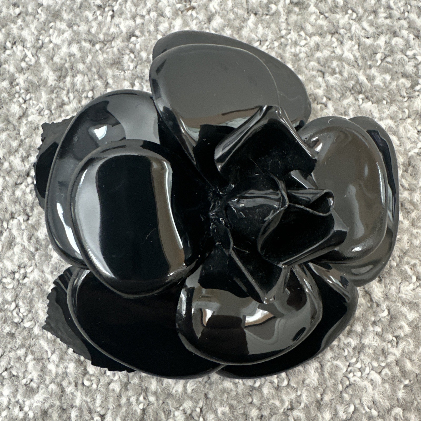 Chanel Vintage Black Plastic Camellia With Leaves And Partial Leather Backing
