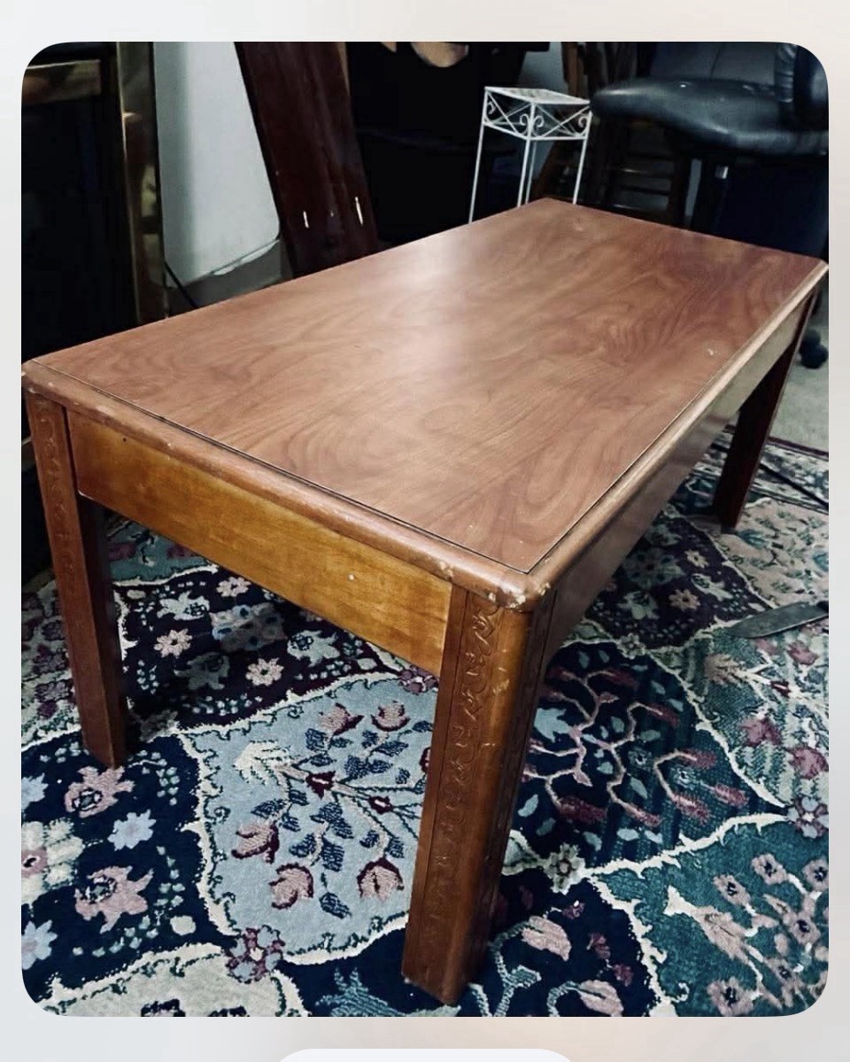 Vintage Danish Mid Century Style Modern Brown Coffee Table w Hand Carved Motif