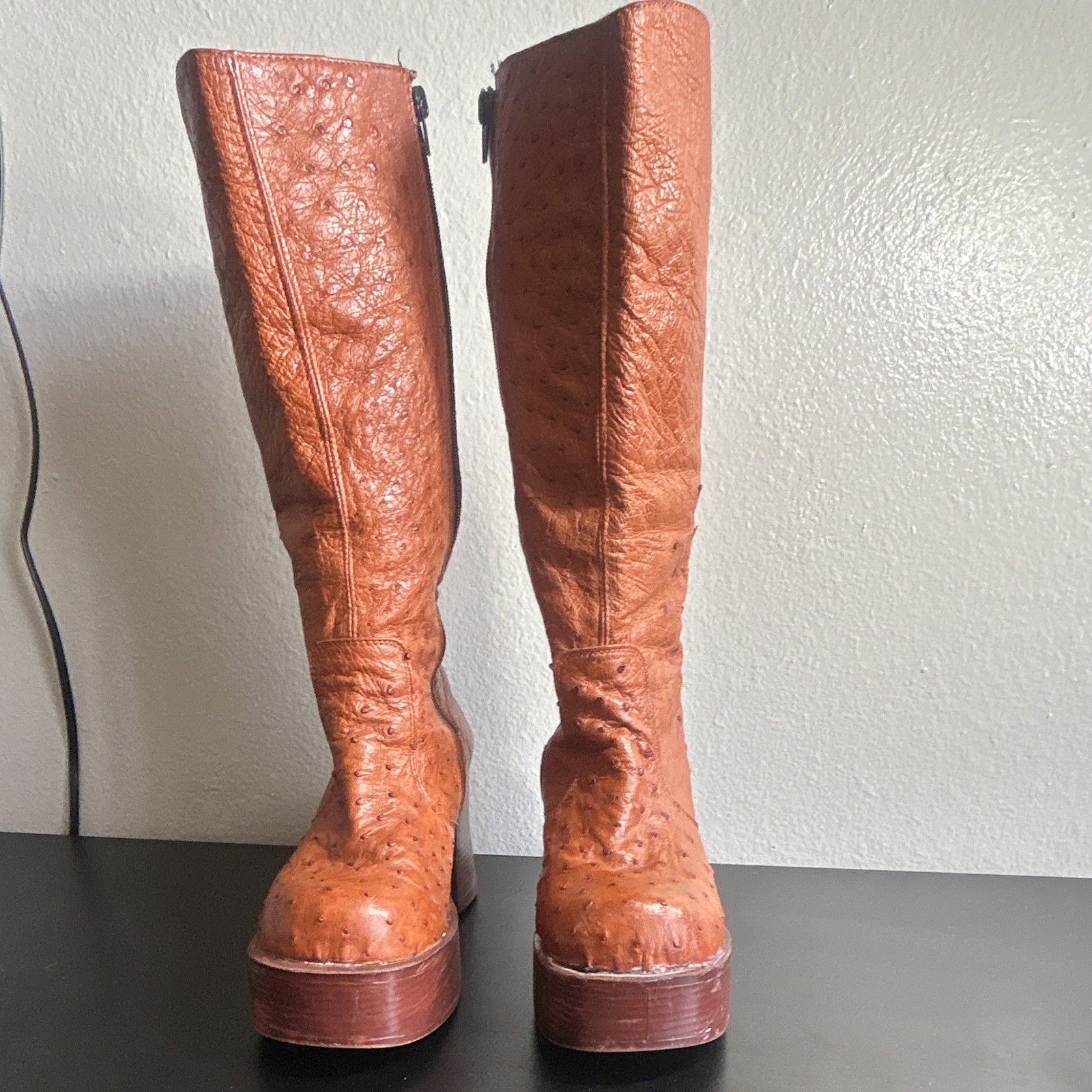 Vintage 90s Alondra Mexico Ostrich Leather Platform Boots Size 8 Orange Y2K (E)