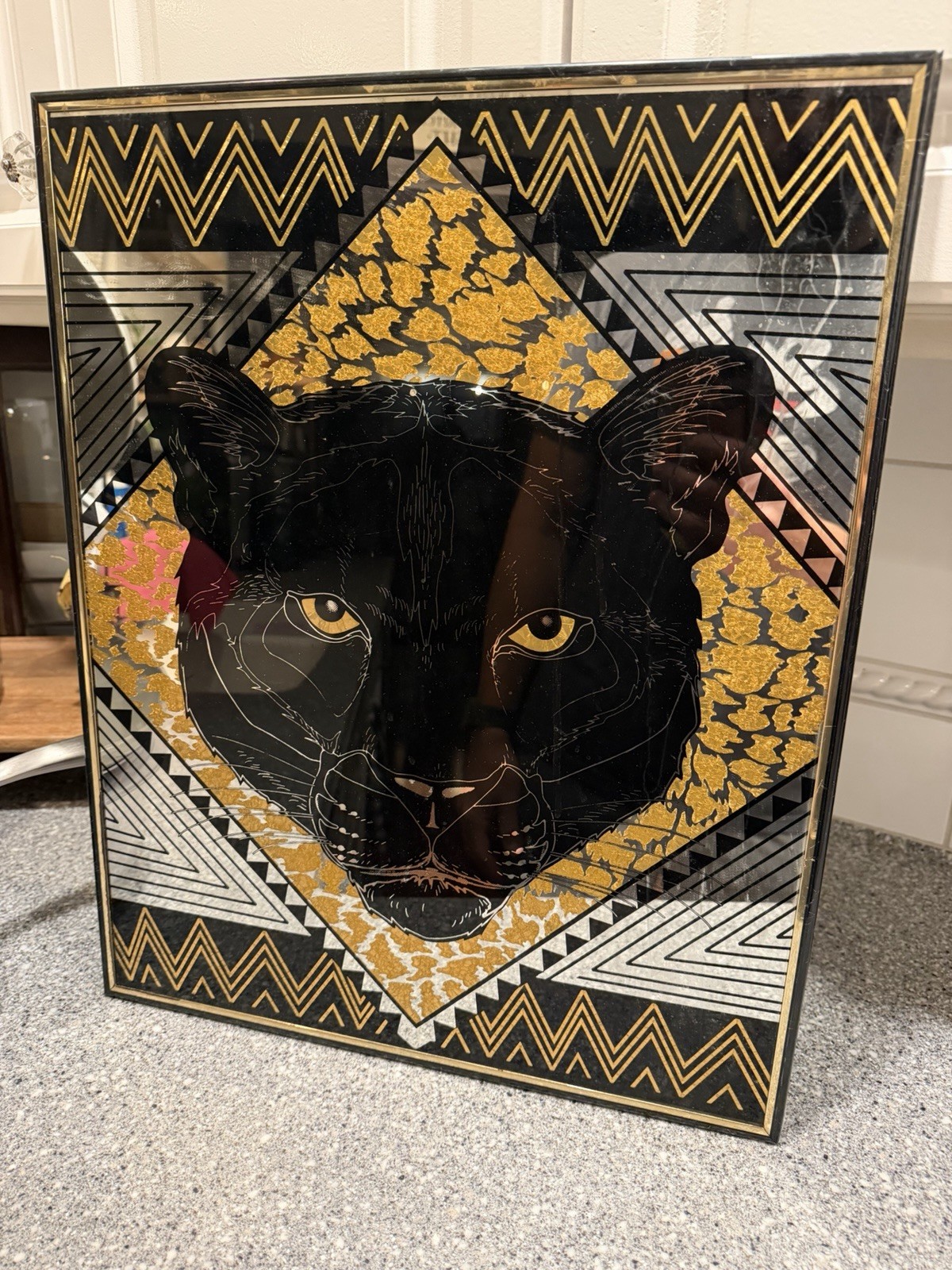 Vintage 80’s-Art Deco- Style Black Panther Gold And Black Mirror Rare