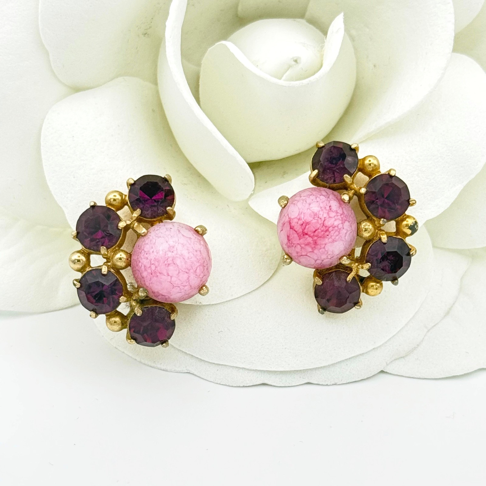 Vintage Elsa Schiaparelli Rhinestone Gumdrop Earrings Pink Purple