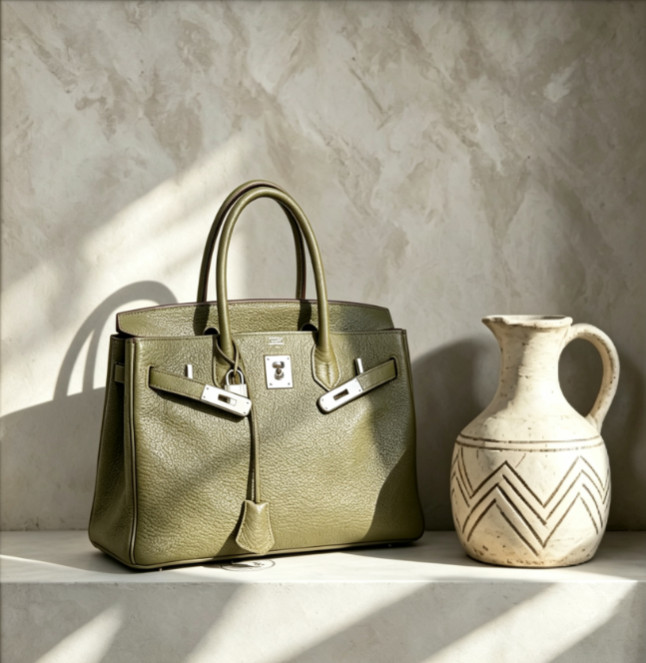 Hermès Birkin 30 Olive Green SHW Fjord Leather Vintage Top Handle Handbag Rare