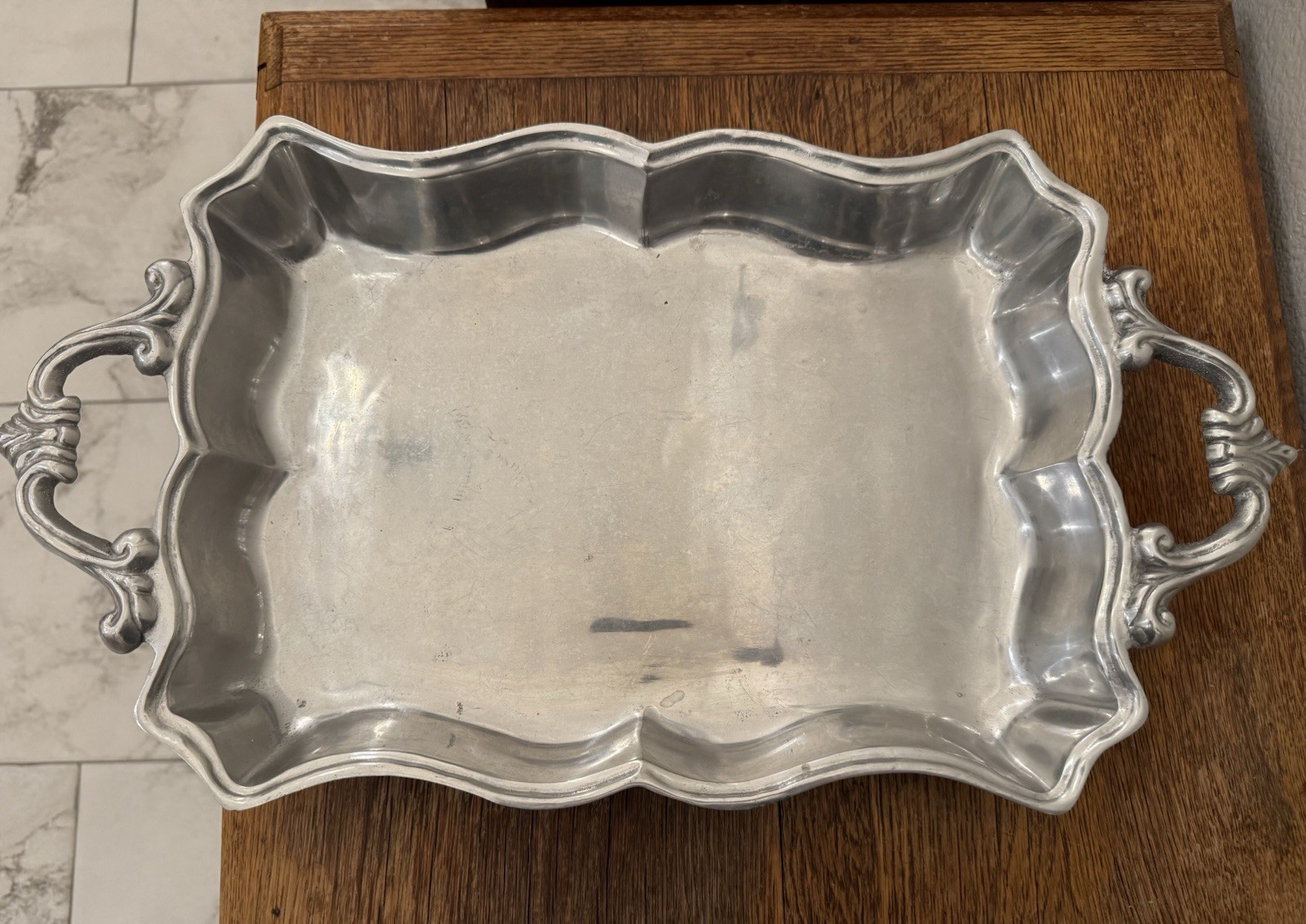 Vintage Large Silver Tone Serving Tray Ornate Scroll Handles 11” x 21”
