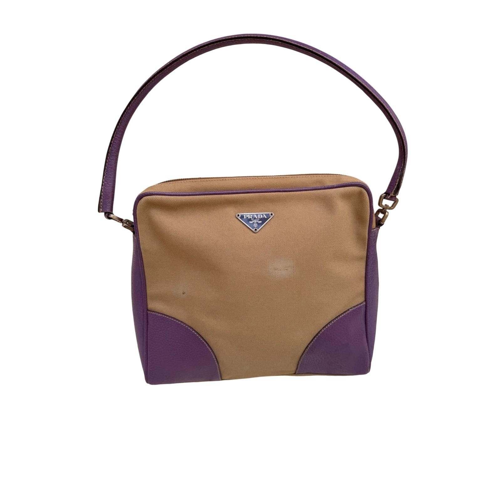 Prada Vintage Tan Canvas Purple Leather Trim Shoulder Bag Triangle Logo Italy