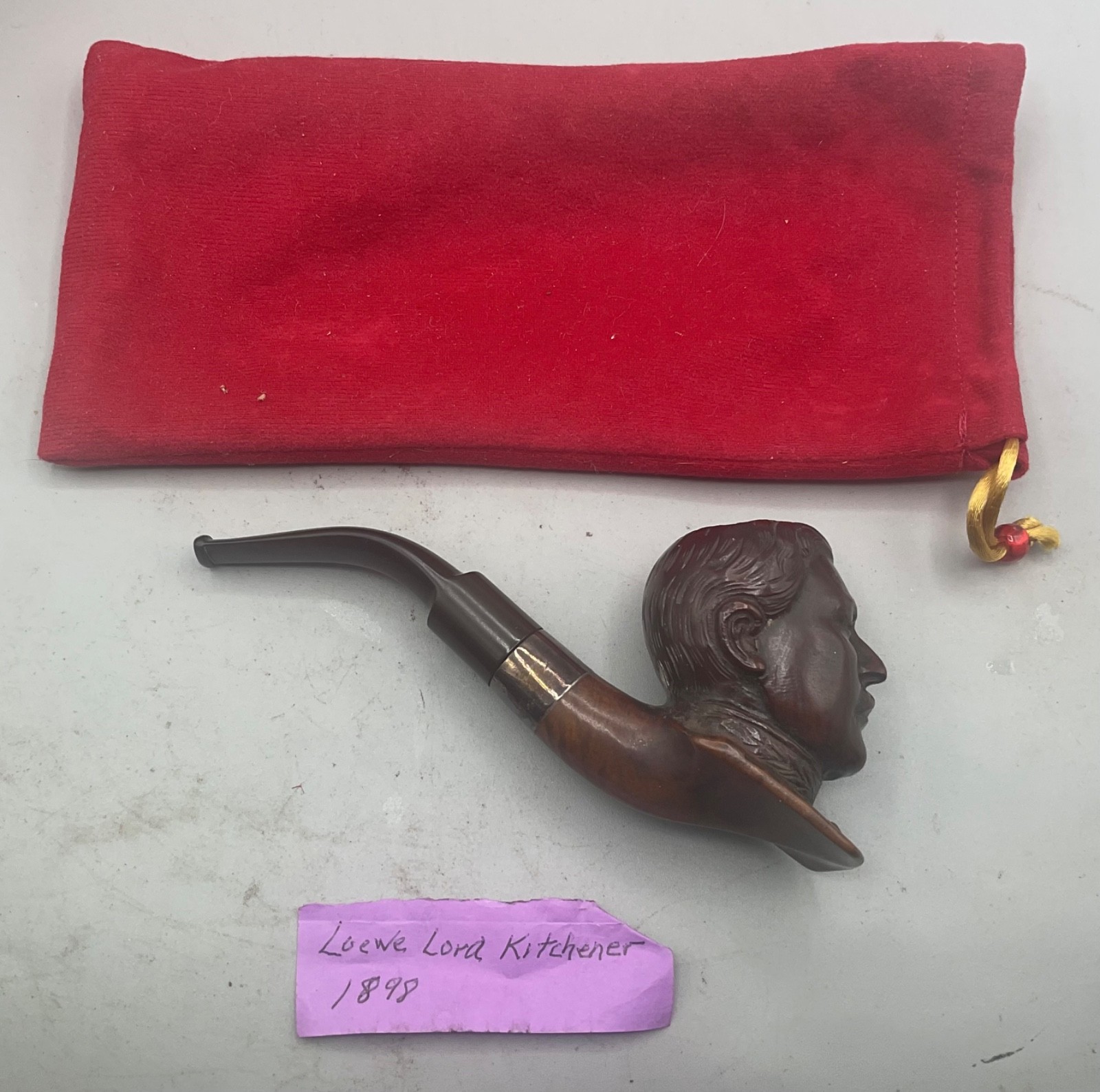 LOVELY  VINTAGE LOEWE LORD KITCHENER HAND CARVED BRIAR PIPE OF WITH RED CLOT BAG