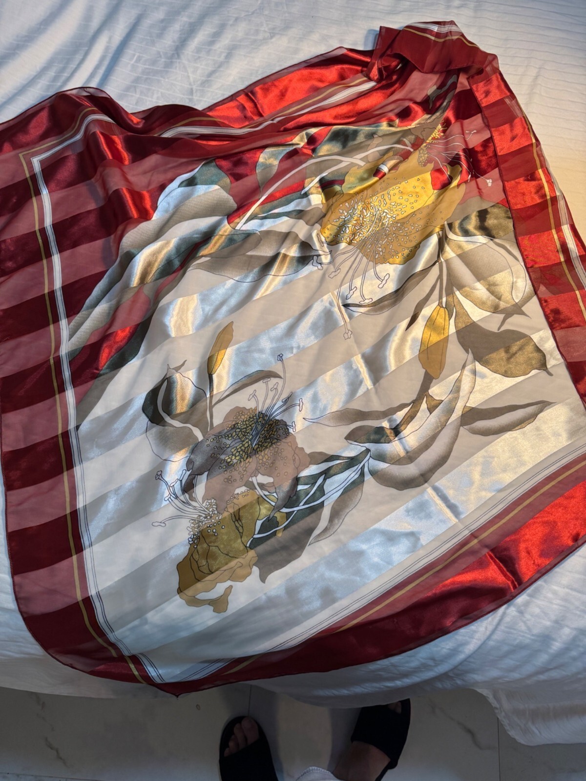 Vintage Floral Silk Scarf 40" by 40" With Striped Pattern Red & Gold 33-13