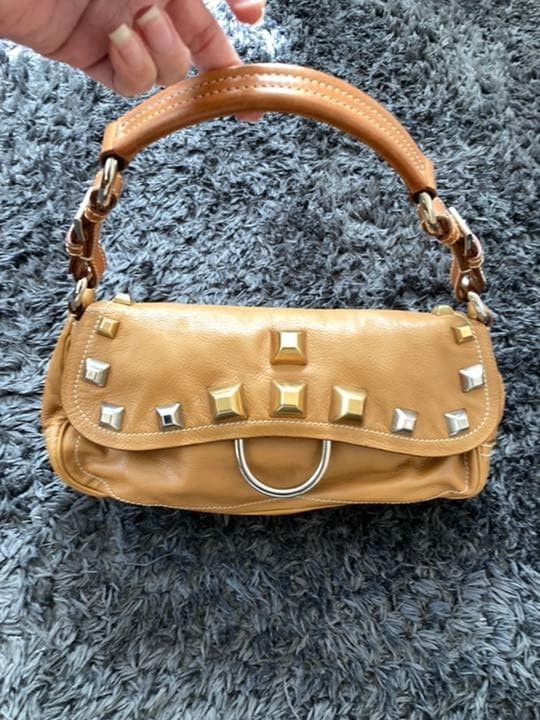 Vintage PRADA Triangle Logo Brown Shoulder Bag Enameled Metal Leather
