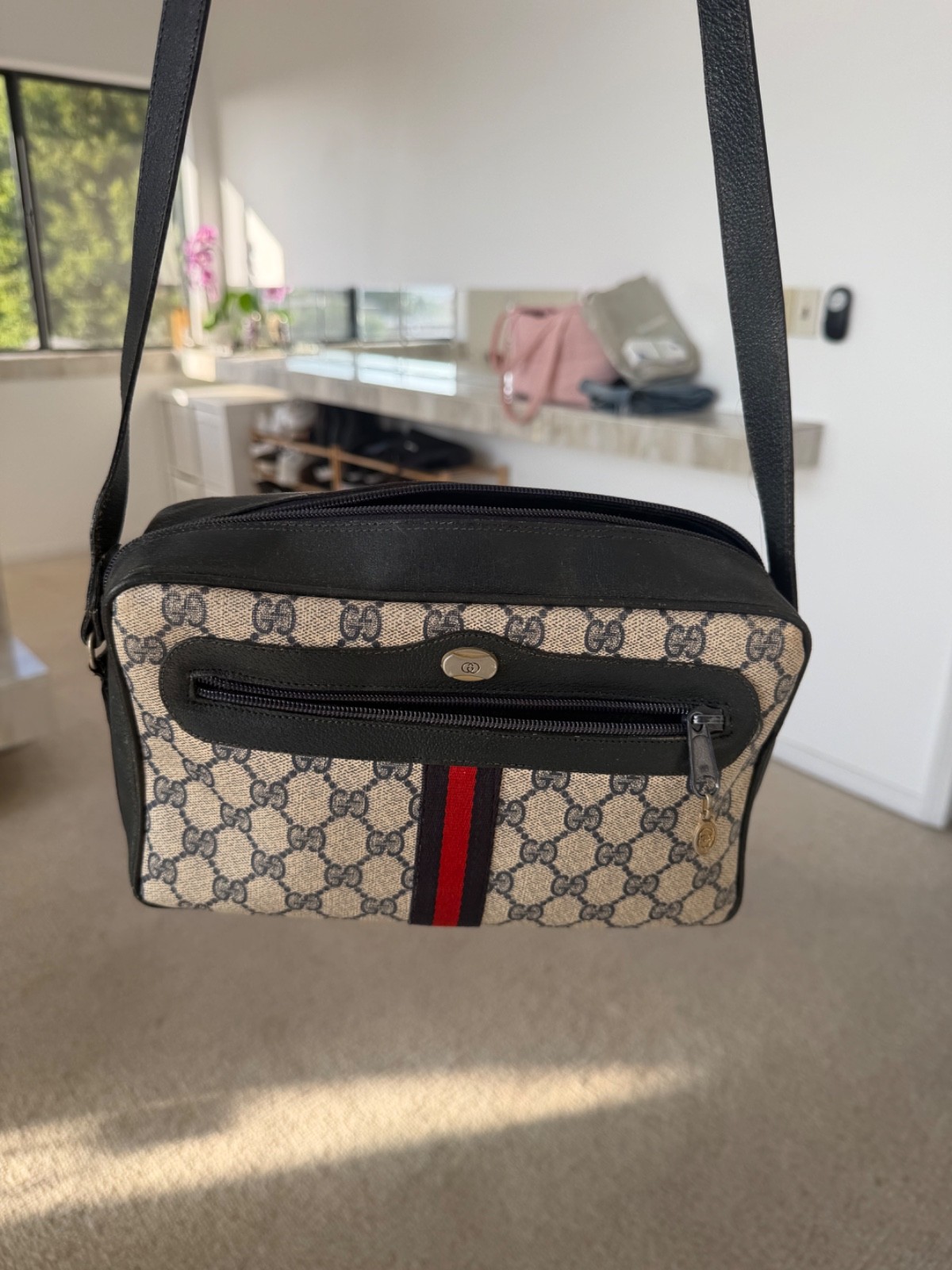 Vintage Gucci GG Monogram Web Crossbody Bag Beige Brown Authentic