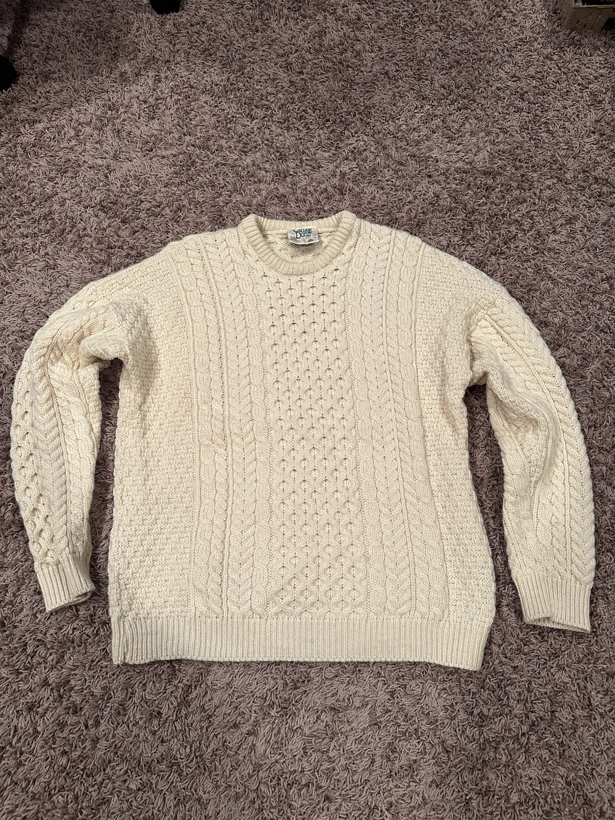 Vintage Fisherman Aran Sweater Mens Large Cream Irish Carraig Donn Wool Chunky