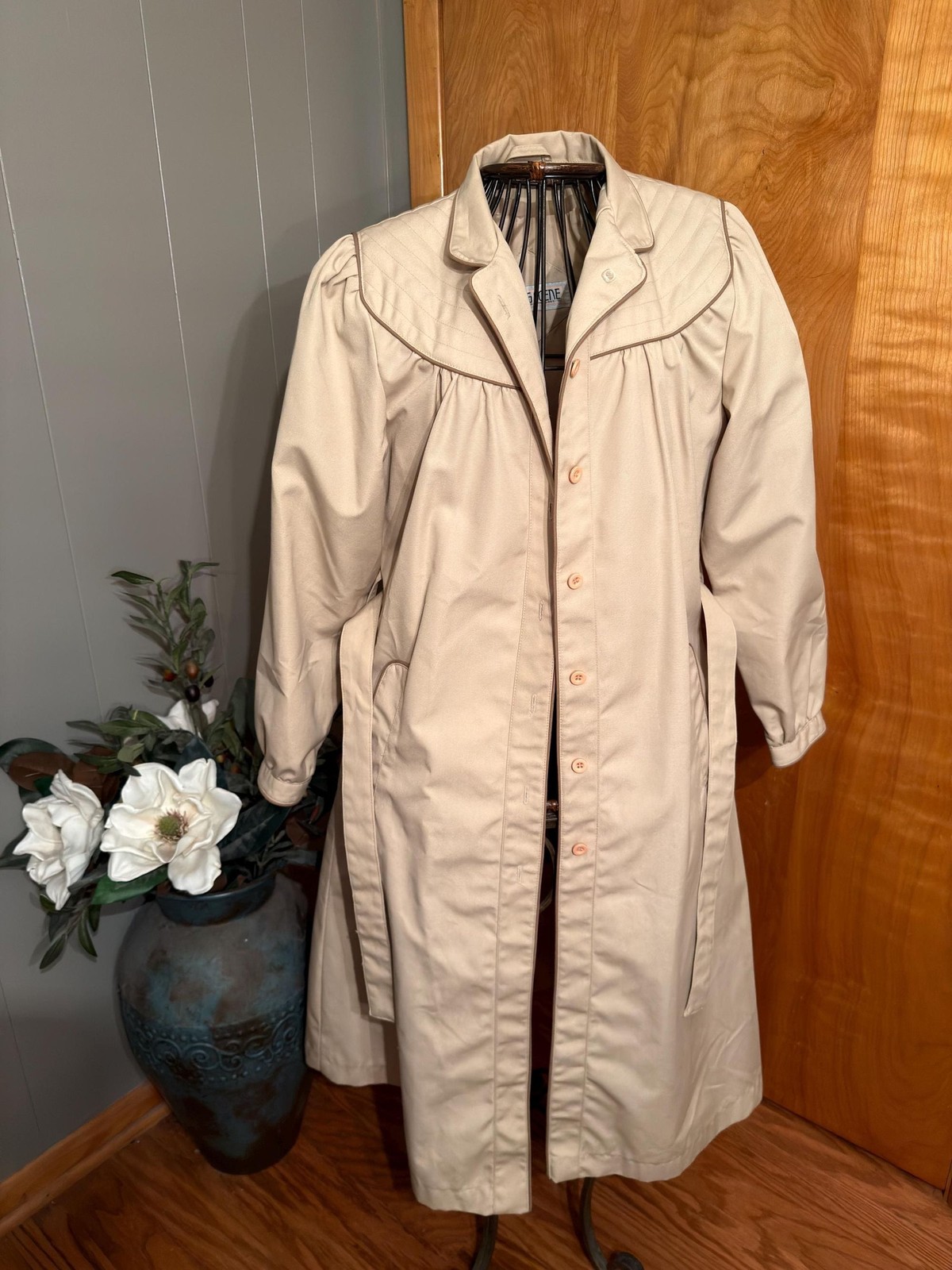 Vintage 1980s Changing Scene Trench Coat - Beige Long Belted With Gathered Yoke