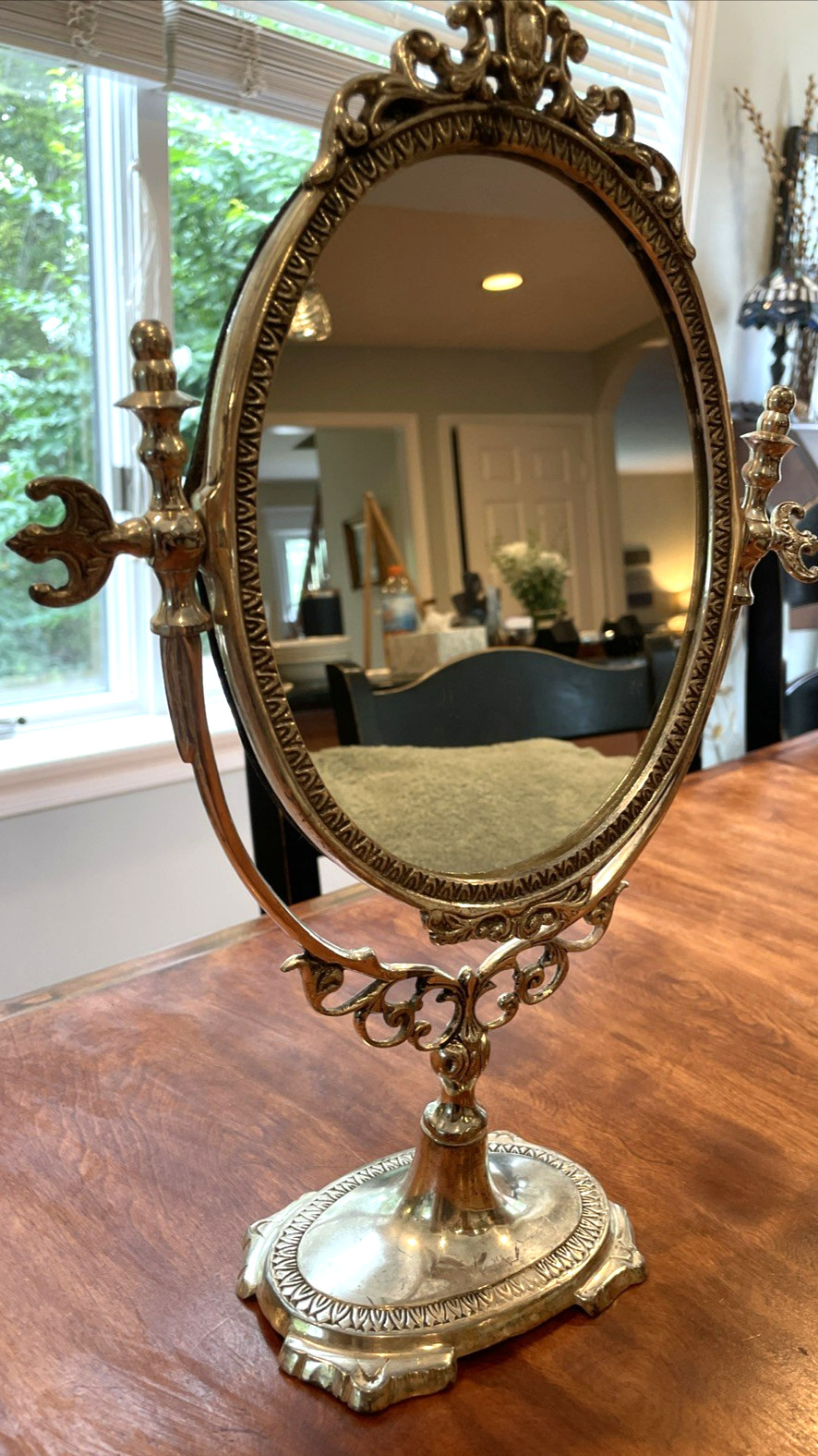 Vintage Gilded Silver Tone Dresser Vanity Mirror with Stand Ornate Cast Metal