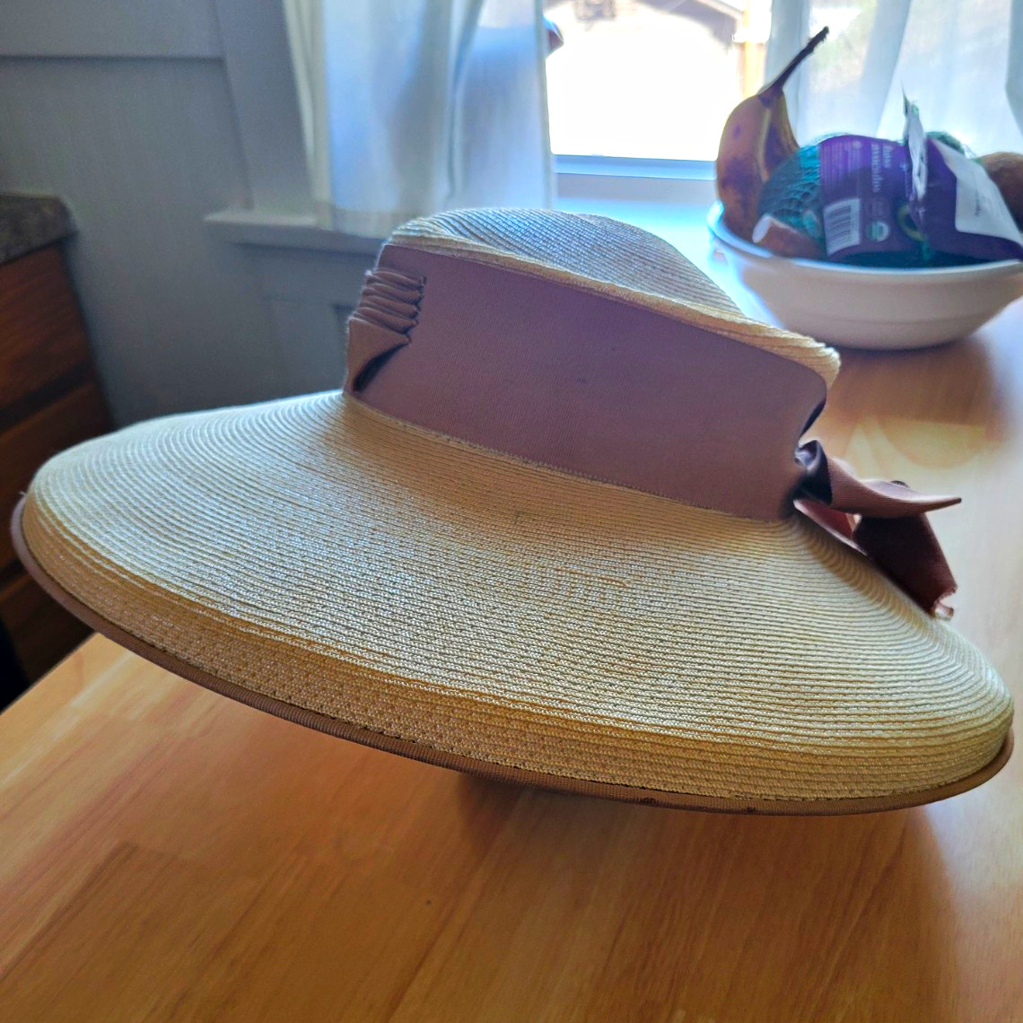 Vintage 1940s Linda Farrell Wide Brim Straw Sun Hat Beige/goss Grain Brown Bow
