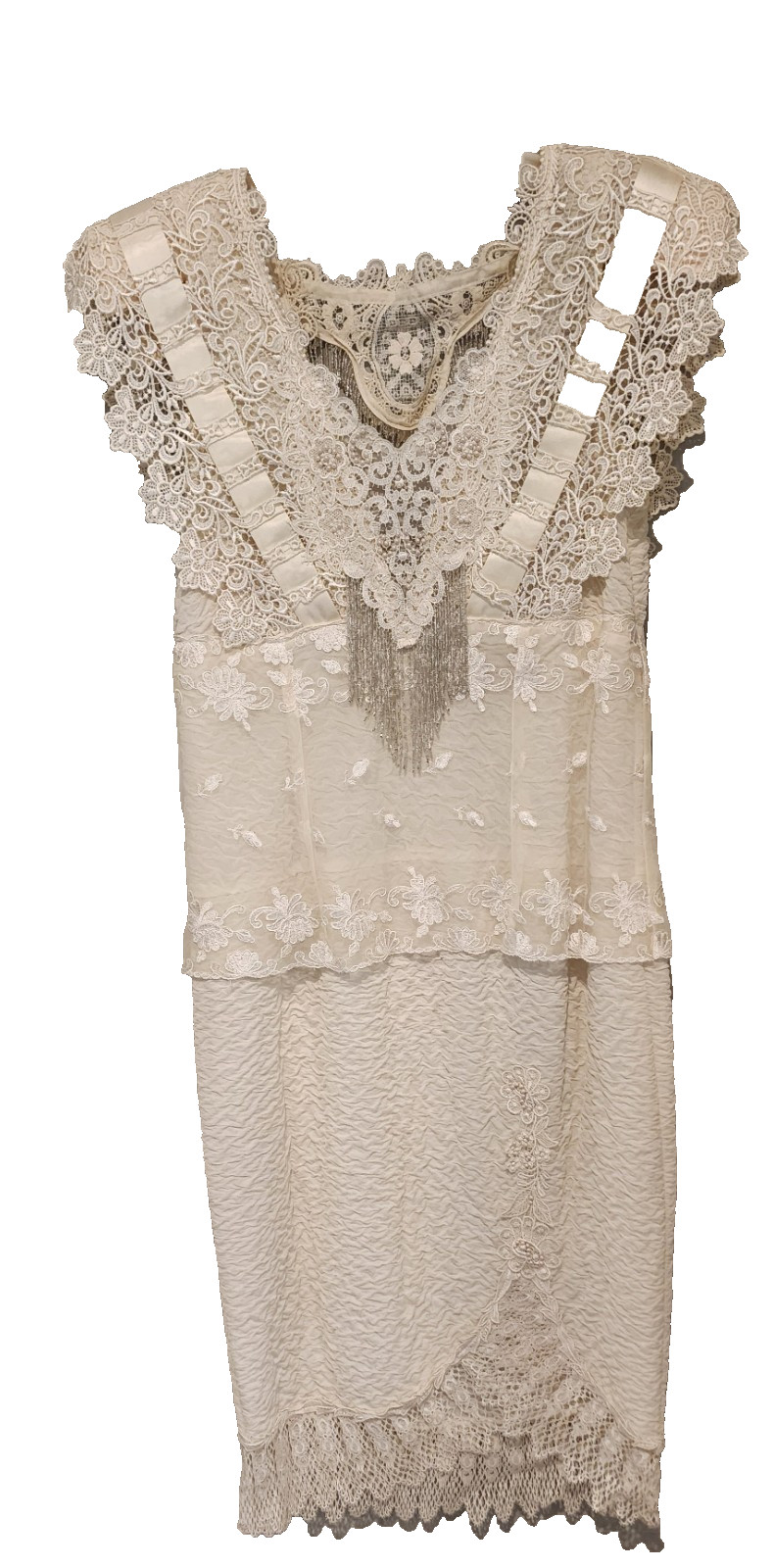 Vintage Ivory Cachet Dress Wedding/Evening/Formal size 9/10 Lace, beaded fringe