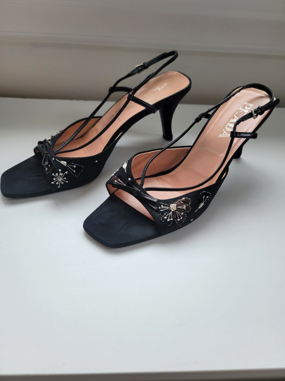 Vintage Prada Y2K Black Embroidered Butterfly Slingback Heels, Size 41
