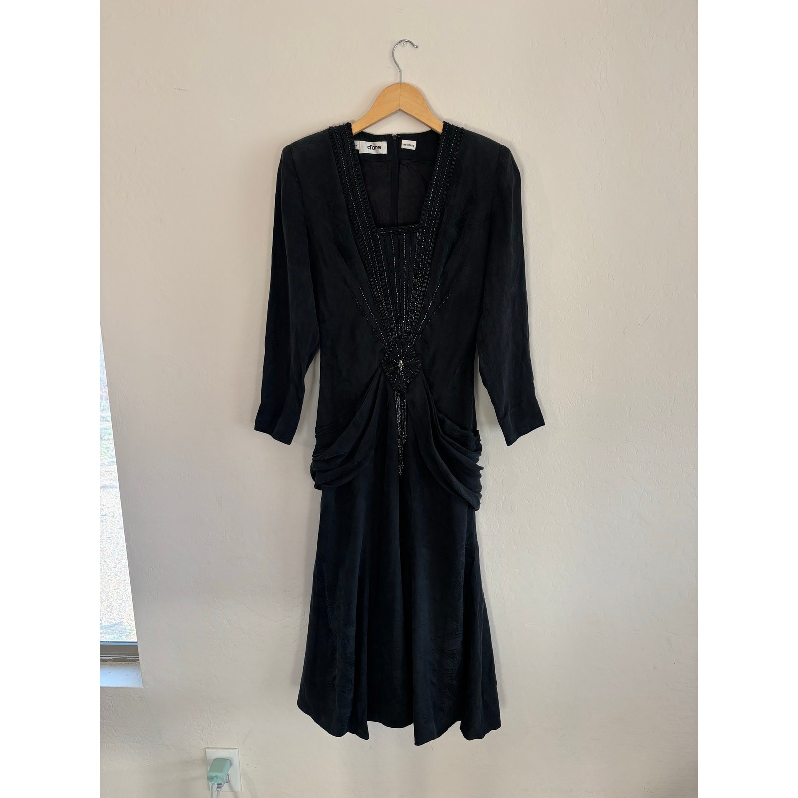 Vintage 1980s D'Ore Art Deco Black Beaded Silk Evening Dress Size 6 Whimsygoth