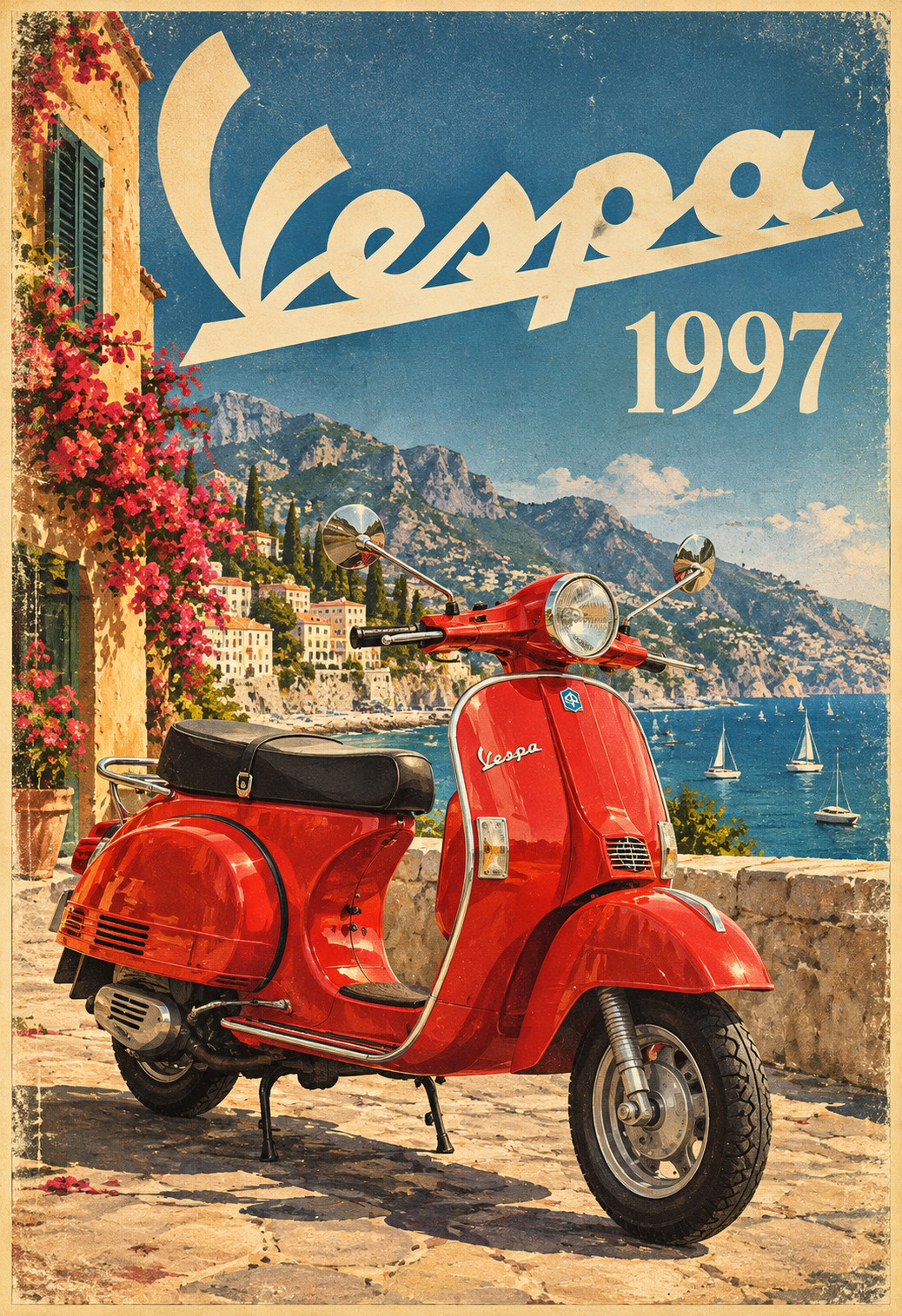 Vespa 1997 Red Scooter Vintage Italian Travel Poster Amalfi Coast Retro Poster
