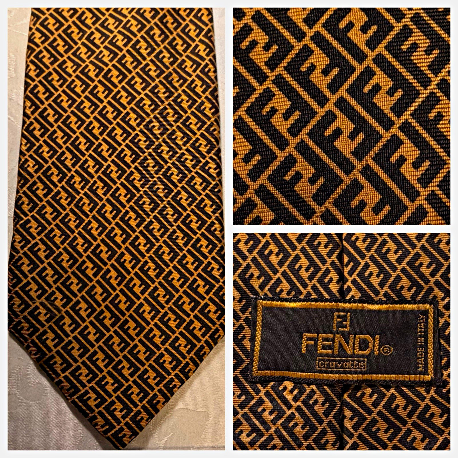 Fendi Roma Tie 100% Silk Italy FF Monogram Logo Black Gold Designer