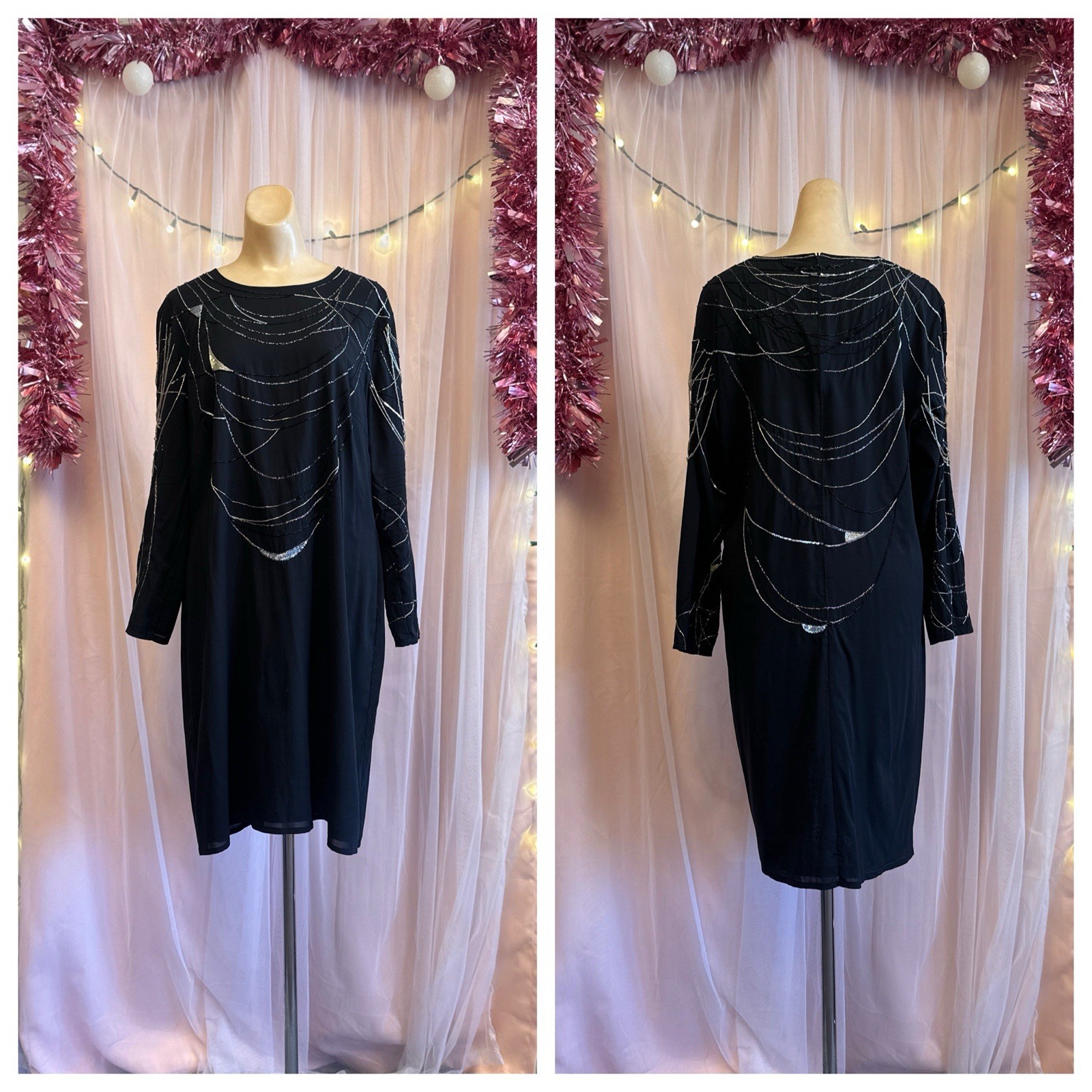 Vintage 80s Black Beaded Mini Dress Silk Long Sleeves Cocktail NYE Escada M