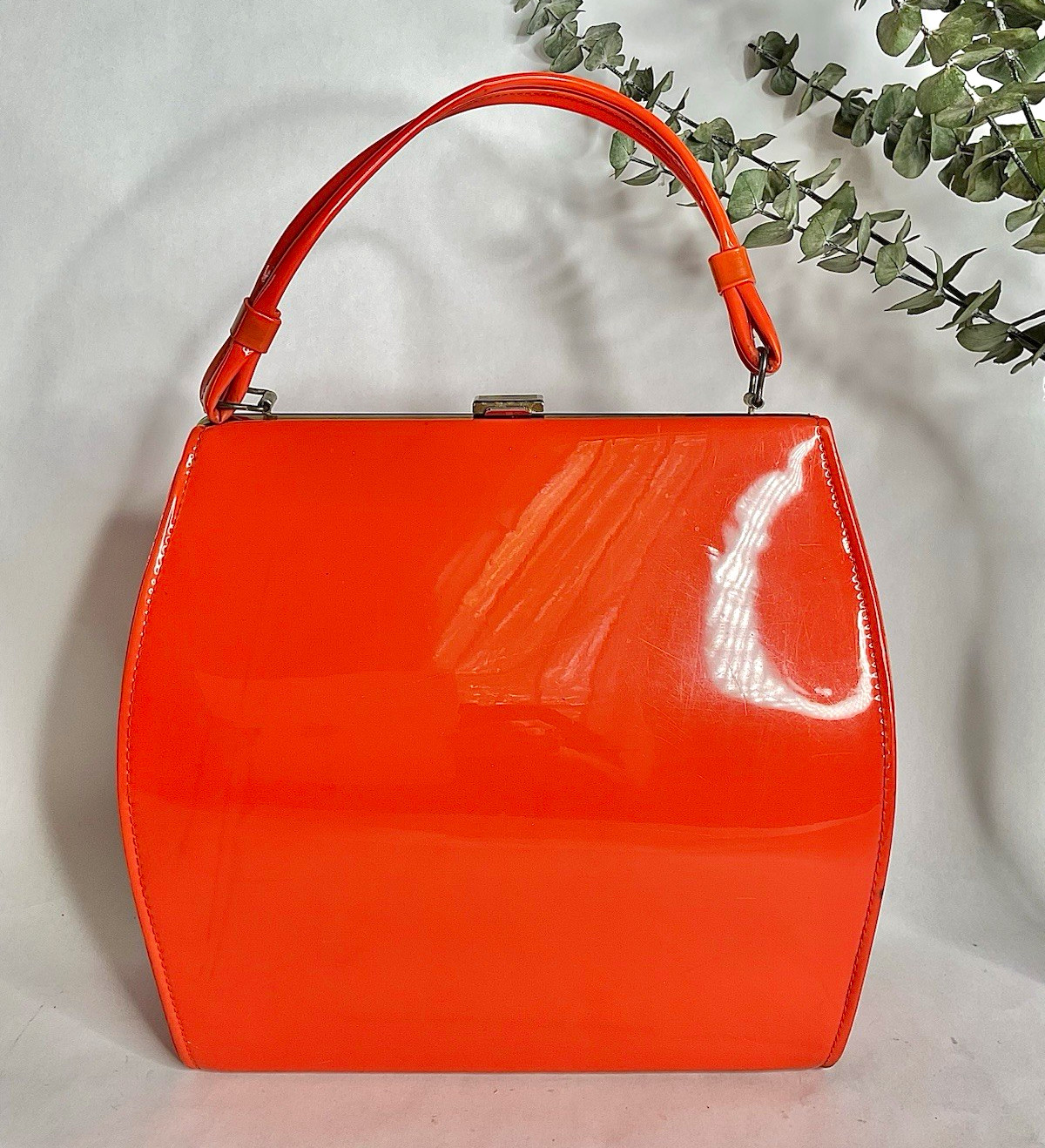 1950s 1960s Vintage Orange Patent Leather Handbag w/Top Handle, Women’s Purse