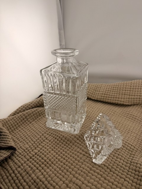 Vintage Heavy Cut Crystal Whiskey Decanter Geometric Square Stopper Barware