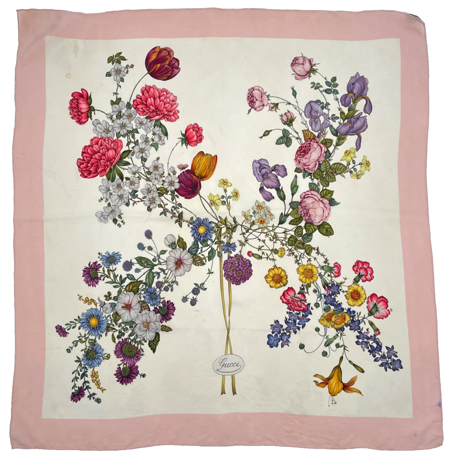 VTG Gucci 70's square floral print Silk Scarf pink hand rolled logo 32" Italy