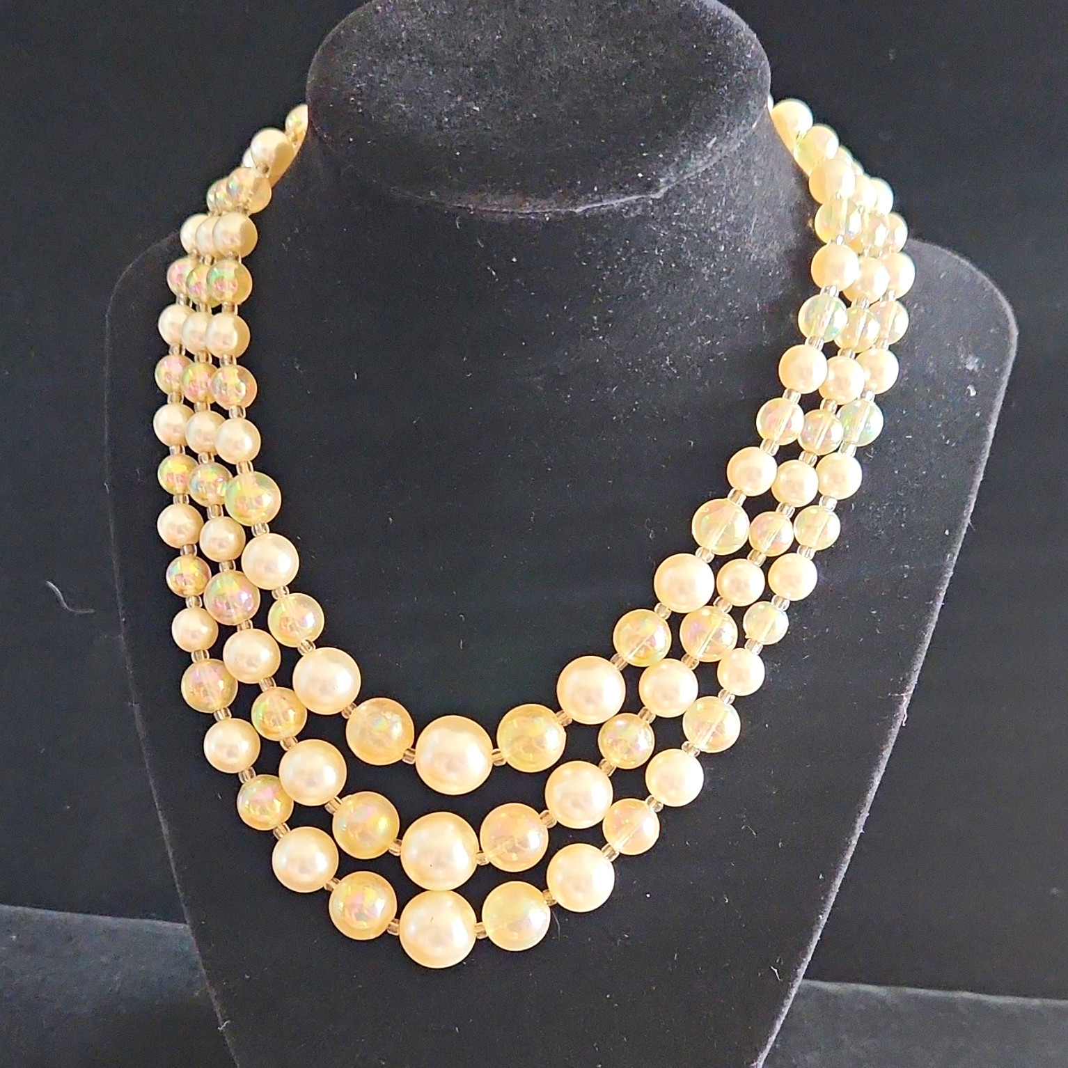 Vintage 3-Strand White Simulated Imitation Pearl And Aurora Bead Necklace Japan