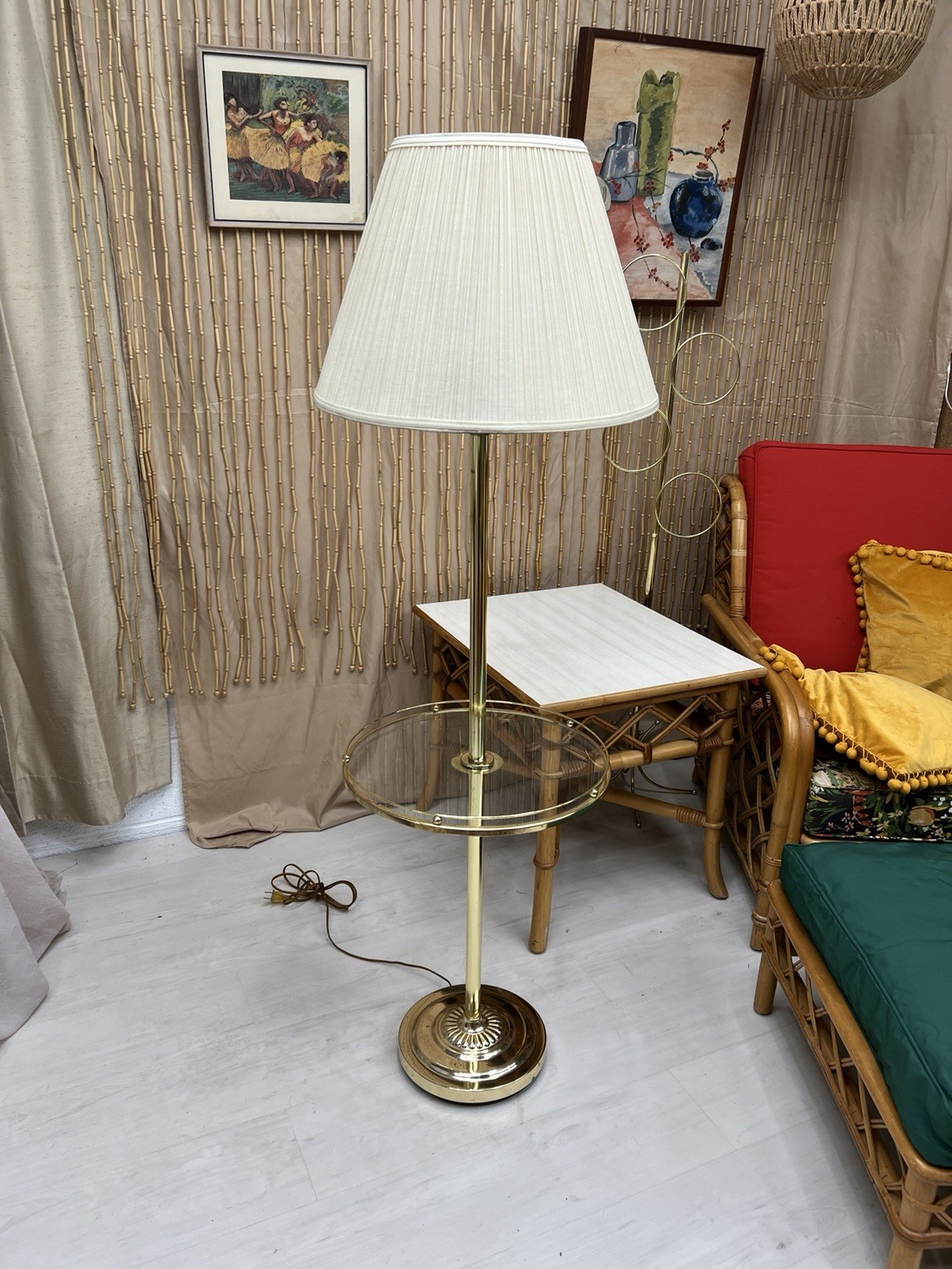 Vintage Brass Floor Lamp with Round Glass Tray Table Beautiful Vintage Shade
