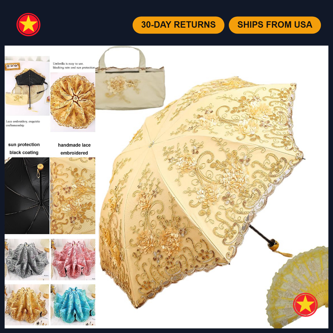 Vintage Lace Sun Umbrella, 3D Flower Embroidery, Compact Folding, UPF50+, Weddin