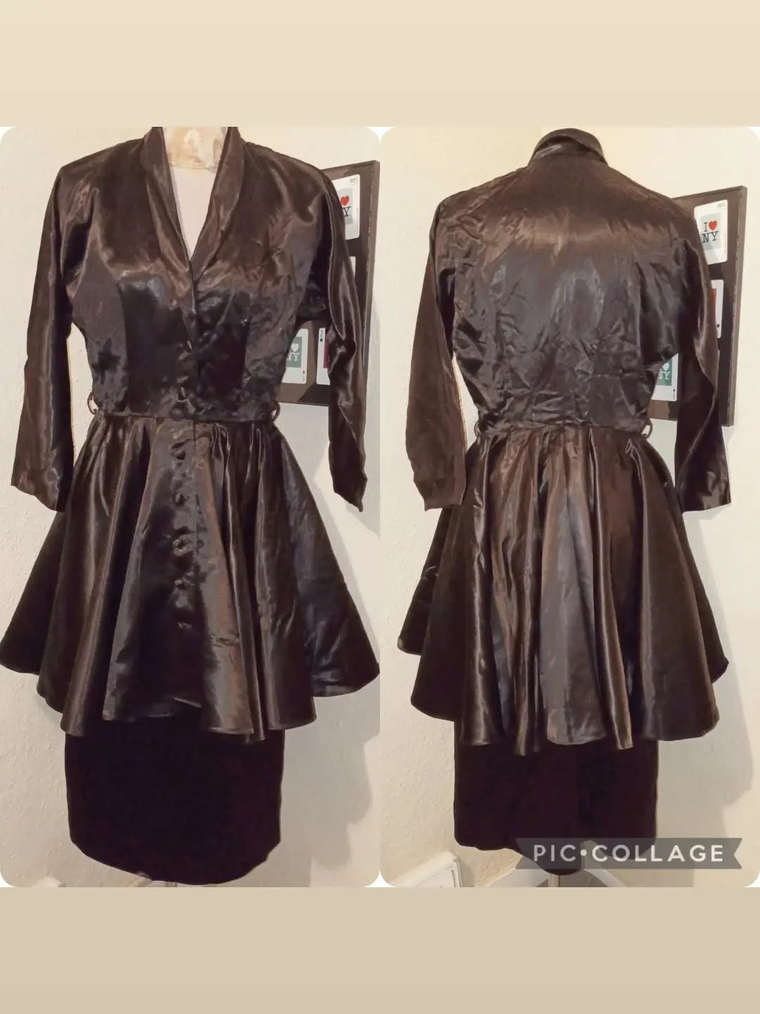 Late 1940s Jet Black Satin Noir Vamp Long Peplum Cocktail Dress - M