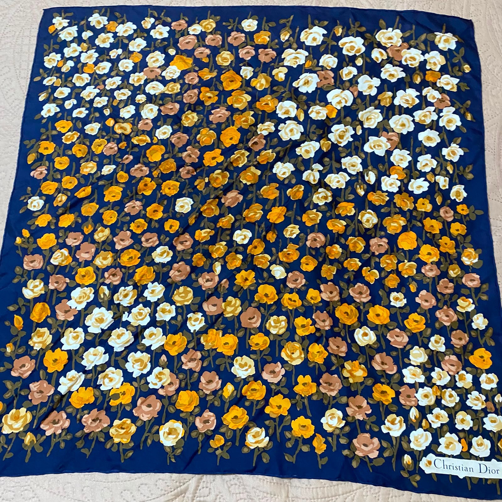 Christian Dior Vintage Floral Scarf Navy Blue Rose Print Square Designer
