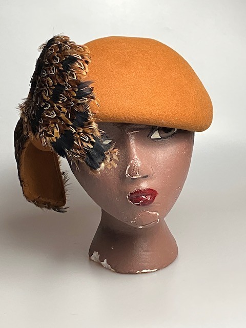 Vintage Mr. John Classic Beret Hat Feather Bow Trim 100% Wool Felt NOS