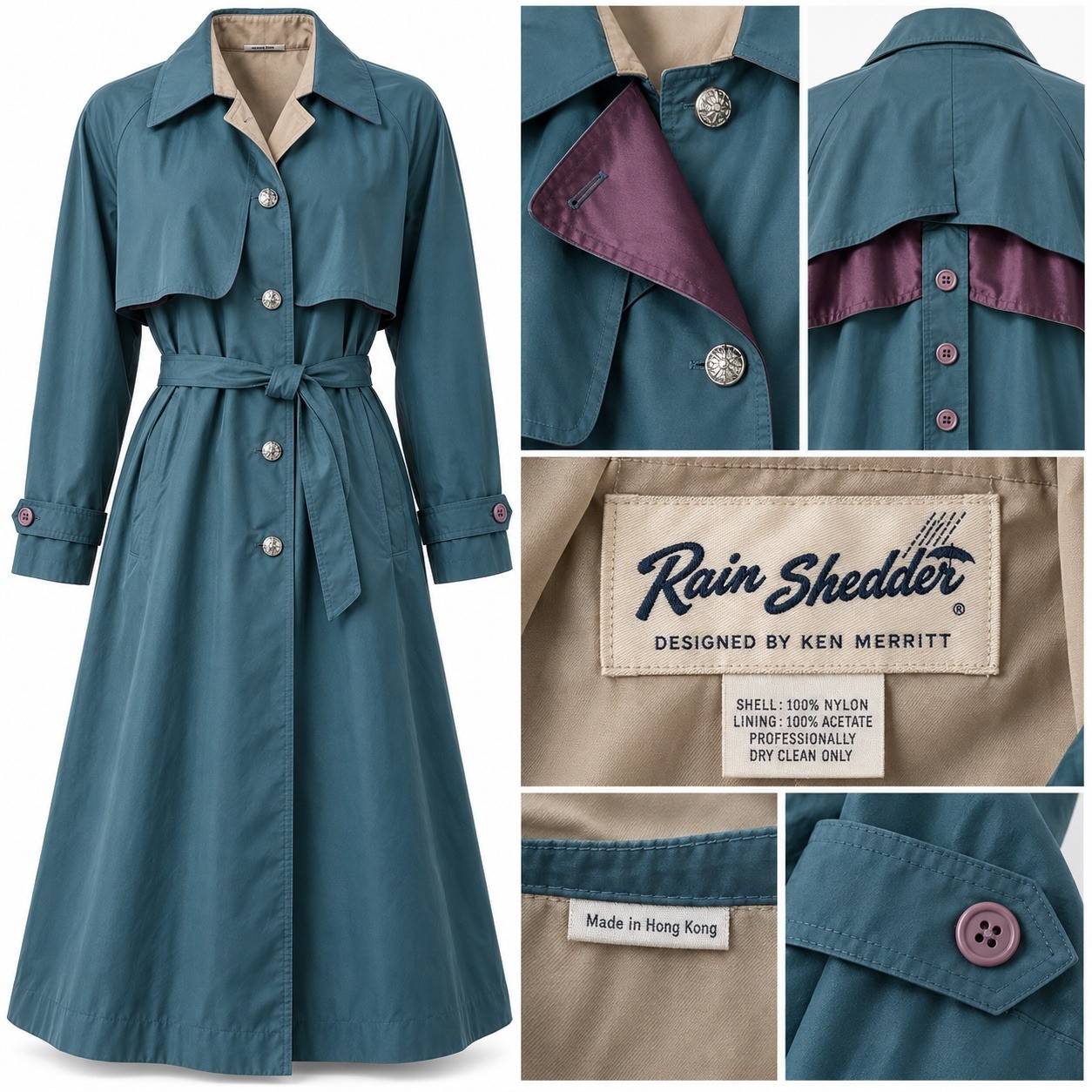 Rain Shedder Vintage 70s Trench Coat Women L Teal Belted Turn Lock Long Jacket