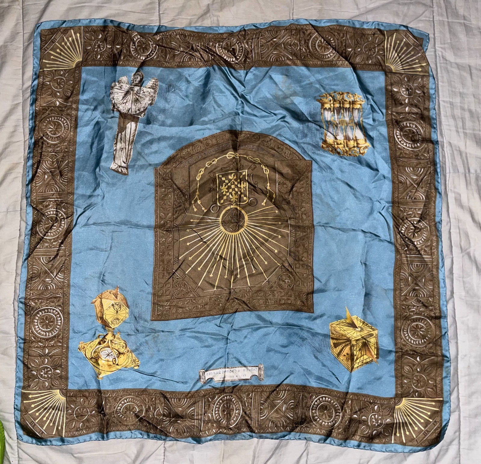 VTG Hermes Scarf Dies Et Hore Sundials Blue Gold Silk Carre 90 Shrunken Flaw 30"